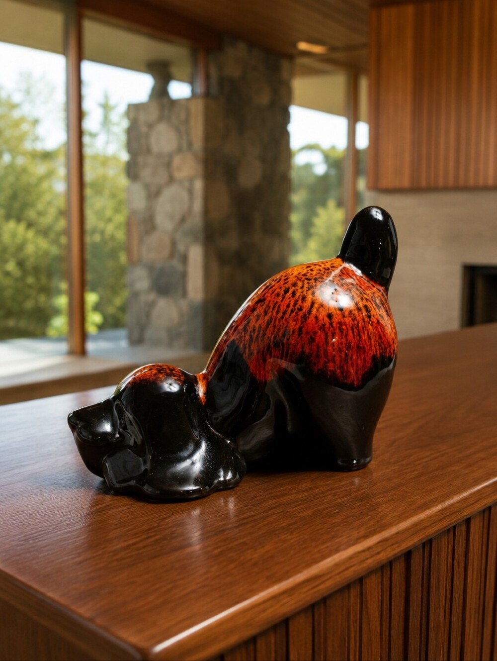 Vintage Canuck Pottery Red Drip Glaze Crouching Spaniel Dog Figurine Canada